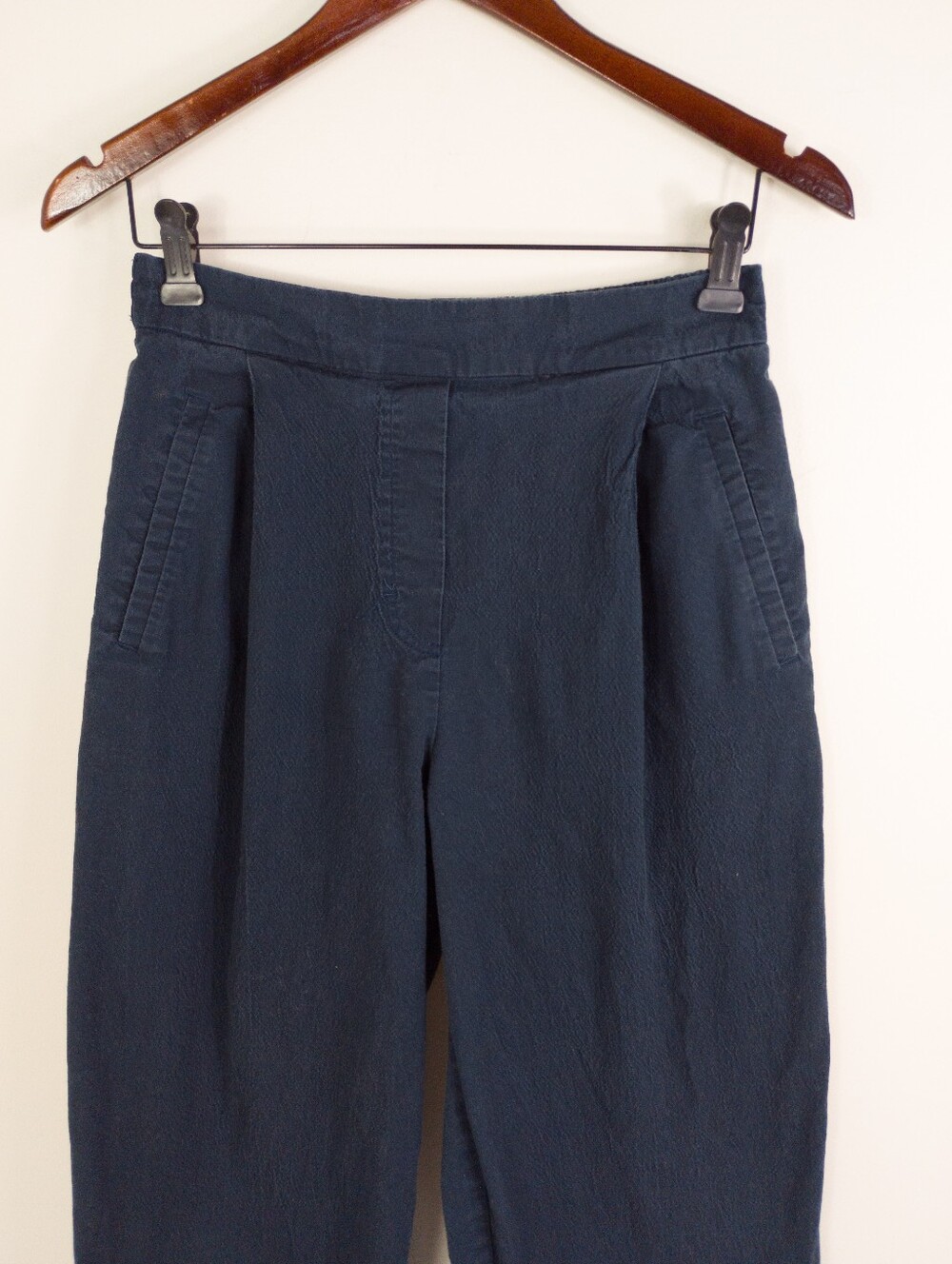 ICHI Unica Pleated Trousers Navy Blue Elastic Waist Stretch Crop Pants Size 36